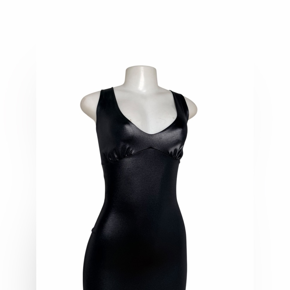 VTG 90s Trashy Black Wet-Look Maxi Dress | Lace-Up Back | Bodycon | Size S - Picture 2 of 11